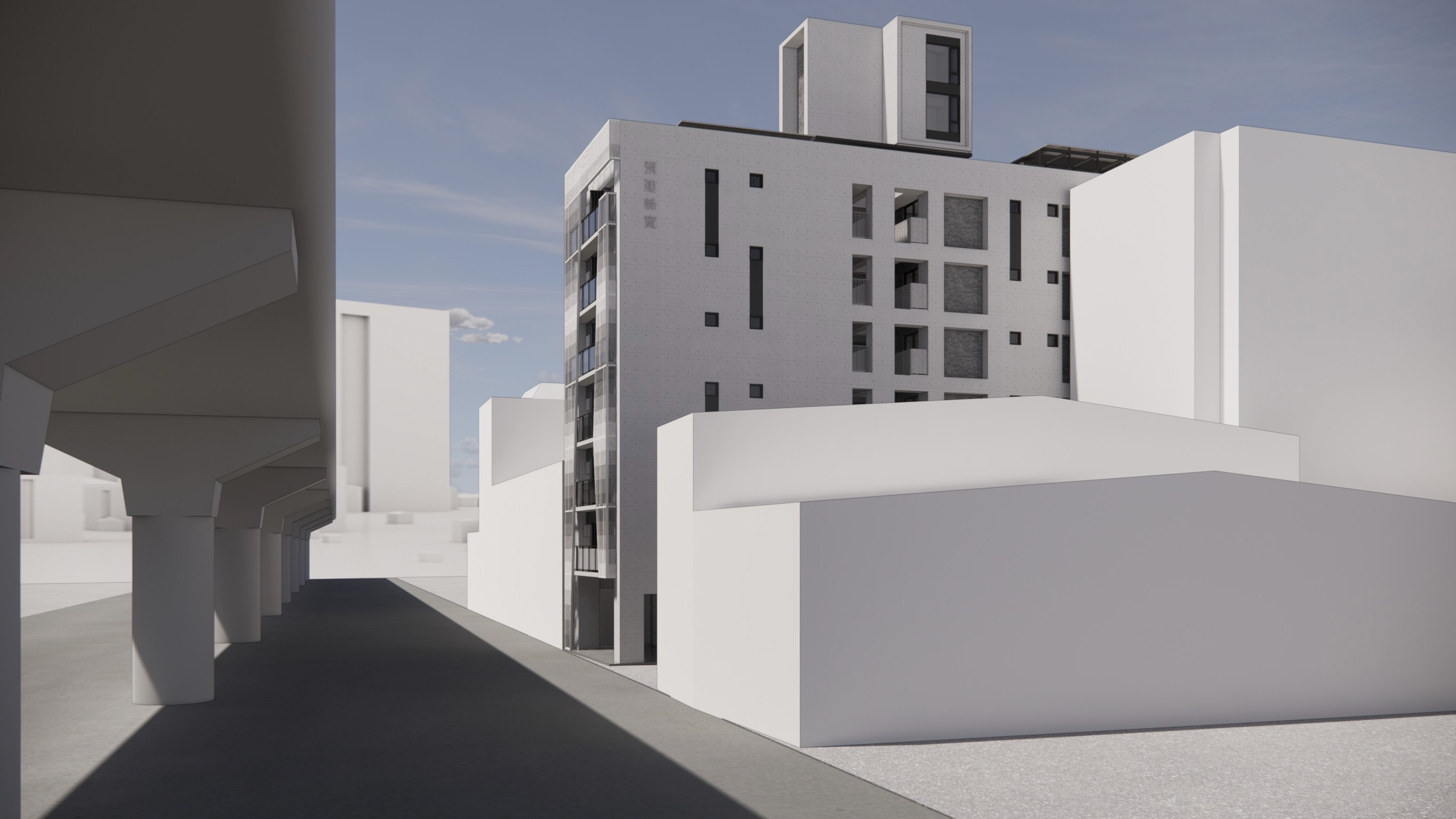 預建峰實北屯新建案建築設計渲染圖，街道視角與住宅量體，非完工實景